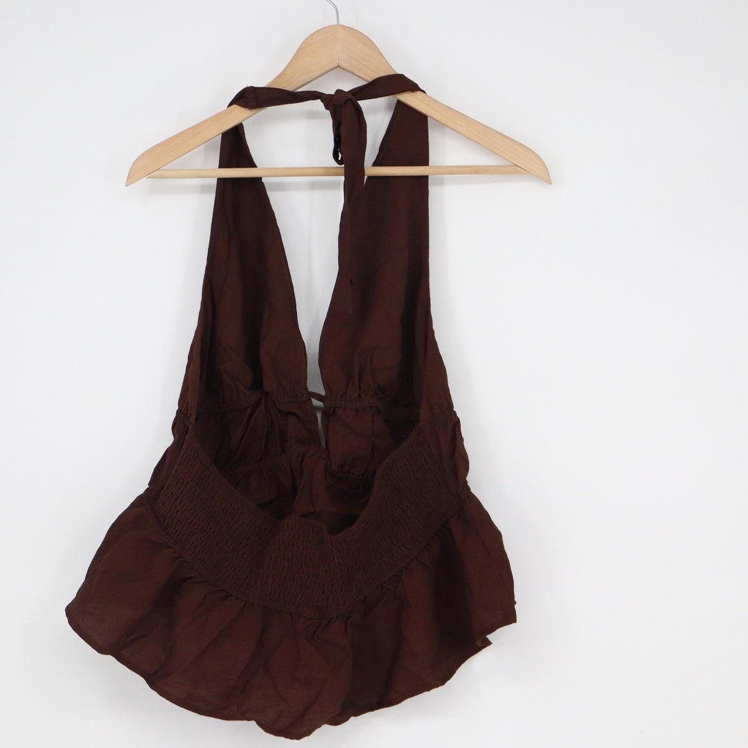 SHEIN Curve Brown Halter Peplum Top Plunging Neckline Smocked Back Plus Size 0XL