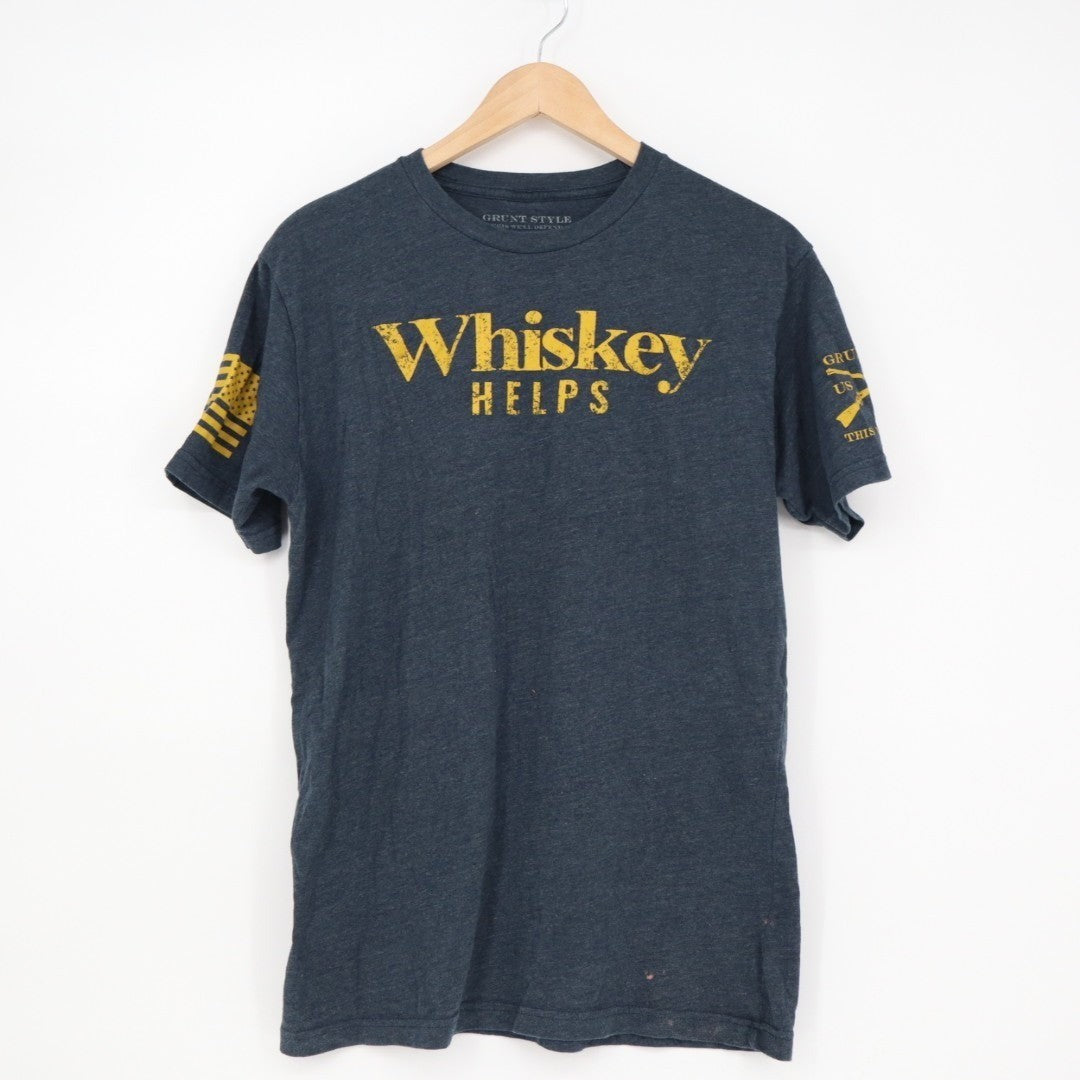 Grunt Style Whiskey Helps T-Shirt Mens Medium Midnight Navy Cotton Crew Neck