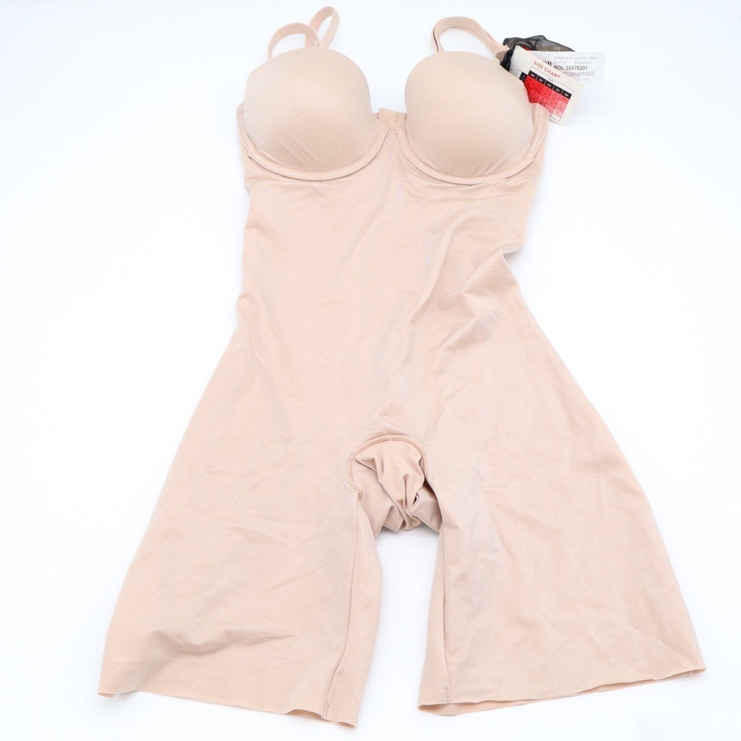 Spanx Plunge Low-Back Mid-Thigh Bodysuit Women XS Beige Stretch Adjustable Strap