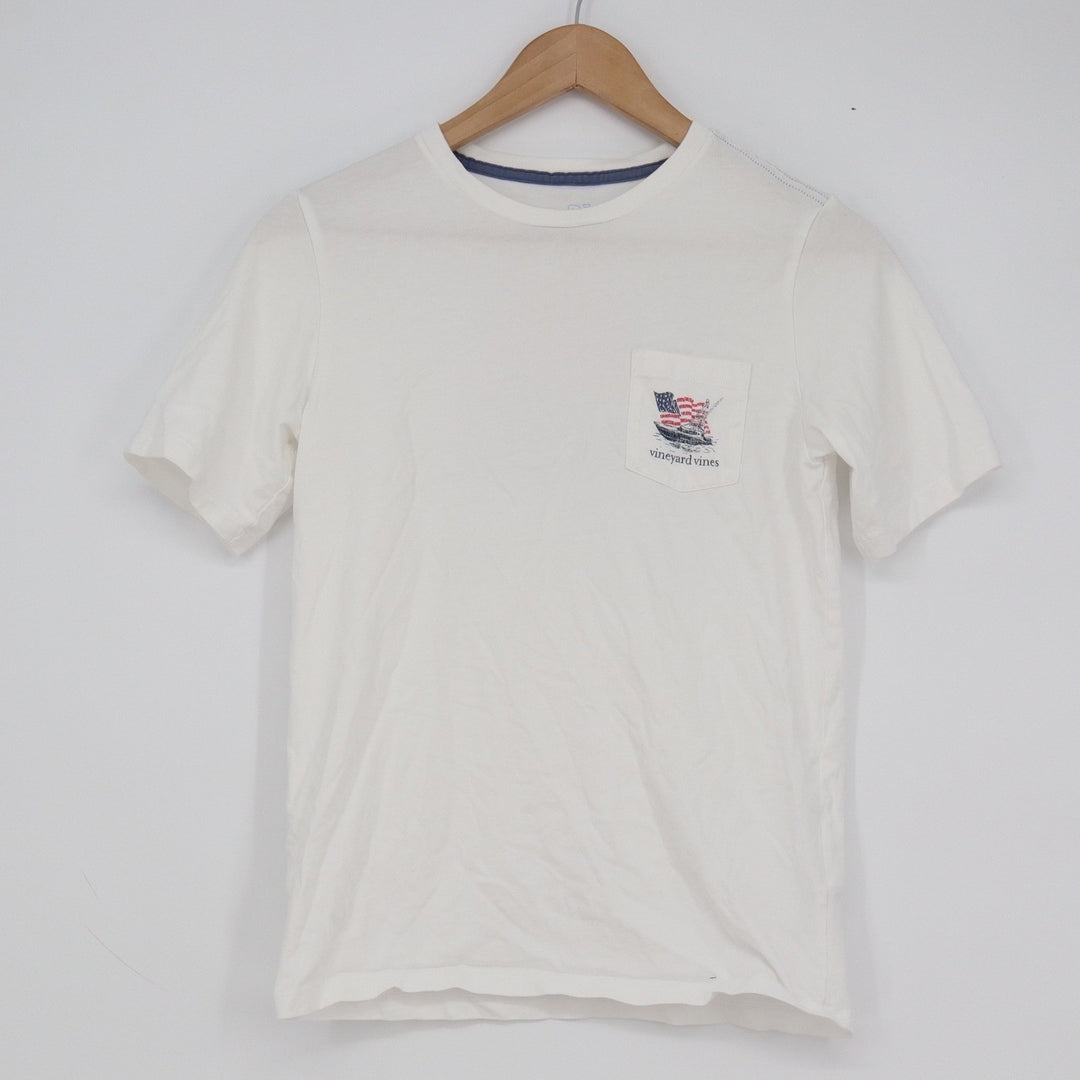 Vineyard Vines Boys White American Flag Boat Pocket T-Shirt Size M 12-14