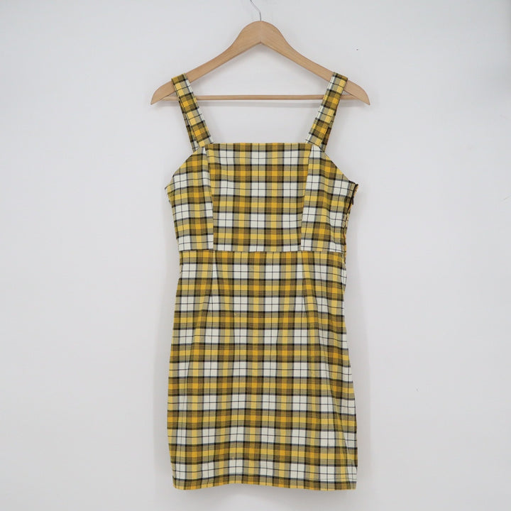 H&M Divided Yellow Plaid Mini Pinafore Dress Womens Size 6 Square Neck 90s Style