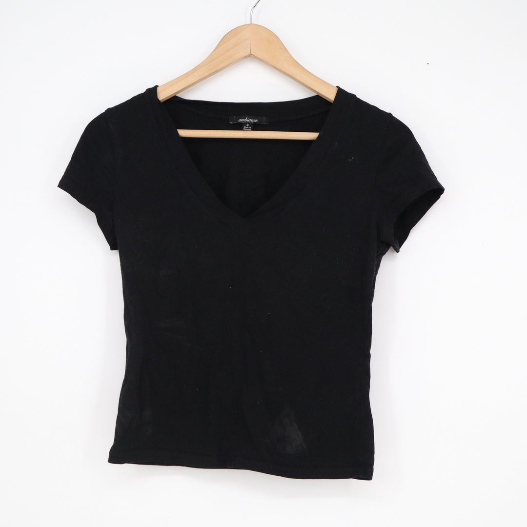 Ambiance Womens Black V-Neck Short Sleeve Cotton Stretch Basic Tee Shirt Small
