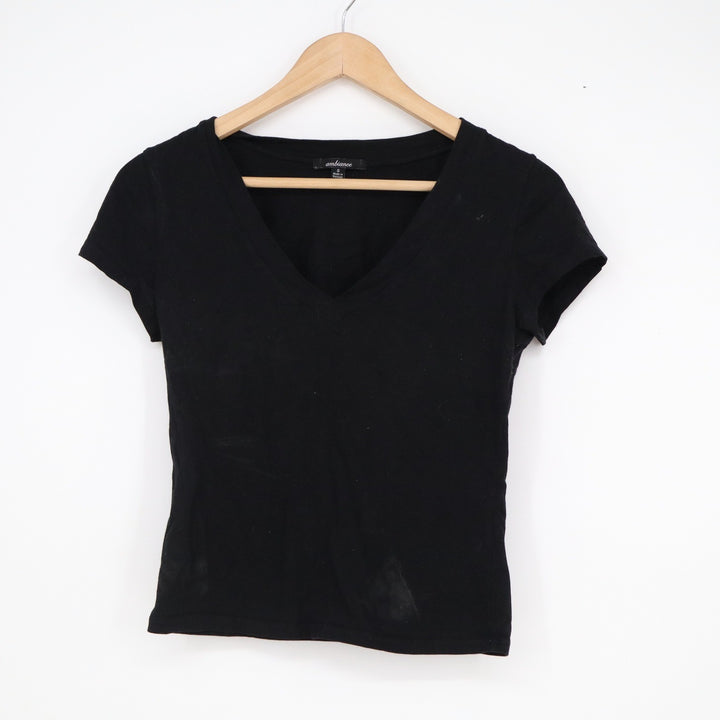 Ambiance Womens Black V-Neck Short Sleeve Cotton Stretch Basic Tee Shirt Small