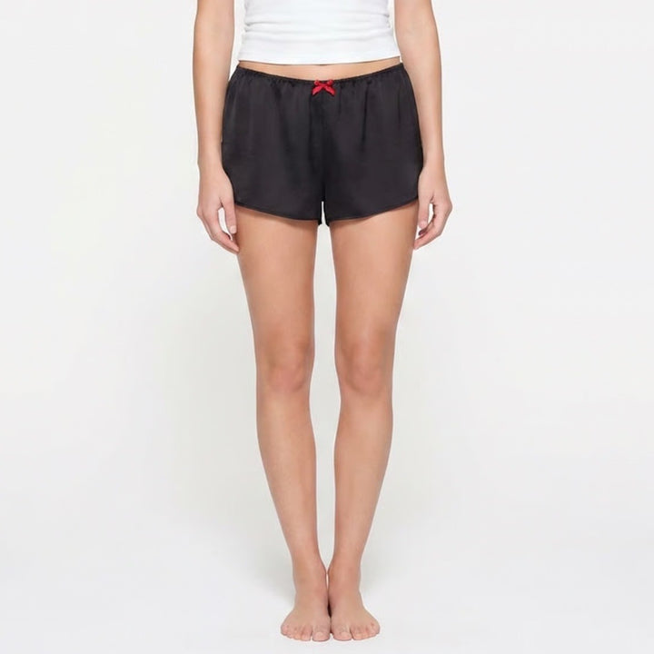 Lounge Shorts Womens Medium Black Red Bow High Rise Elastic Waist Sleepwear
