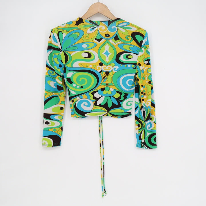 Zara Womens Psychedelic Print Ruched Drawstring V-Neck Crop Top Green Blue M