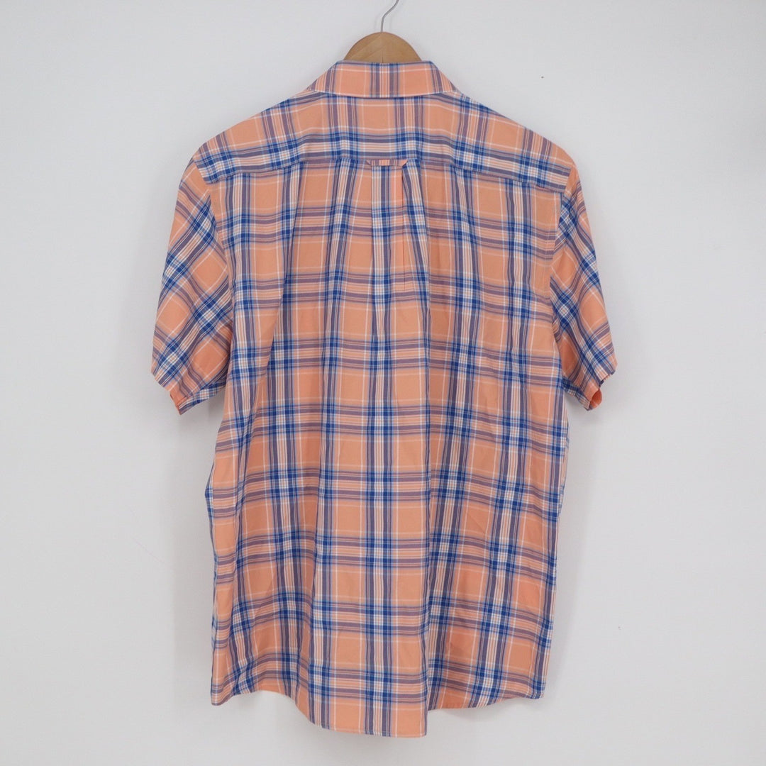 IZOD Mens Large Short Sleeve Plaid Button Down Shirt Orange Blue White Casual