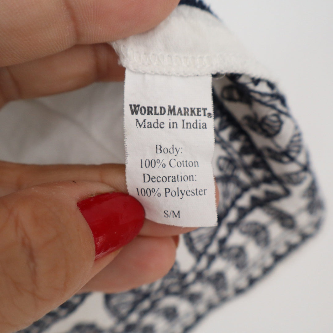 World Market White Navy Blue Embroidered Cotton Peasant Blouse Peplum Top S/M
