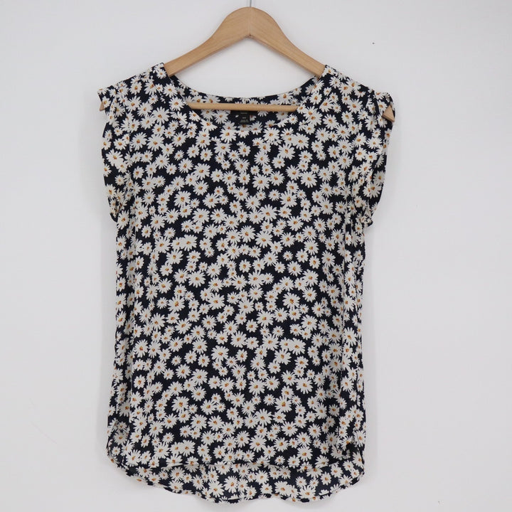 Ann Taylor Factory Petite XS Navy Blue Daisy Floral Sleeveless Blouse Top