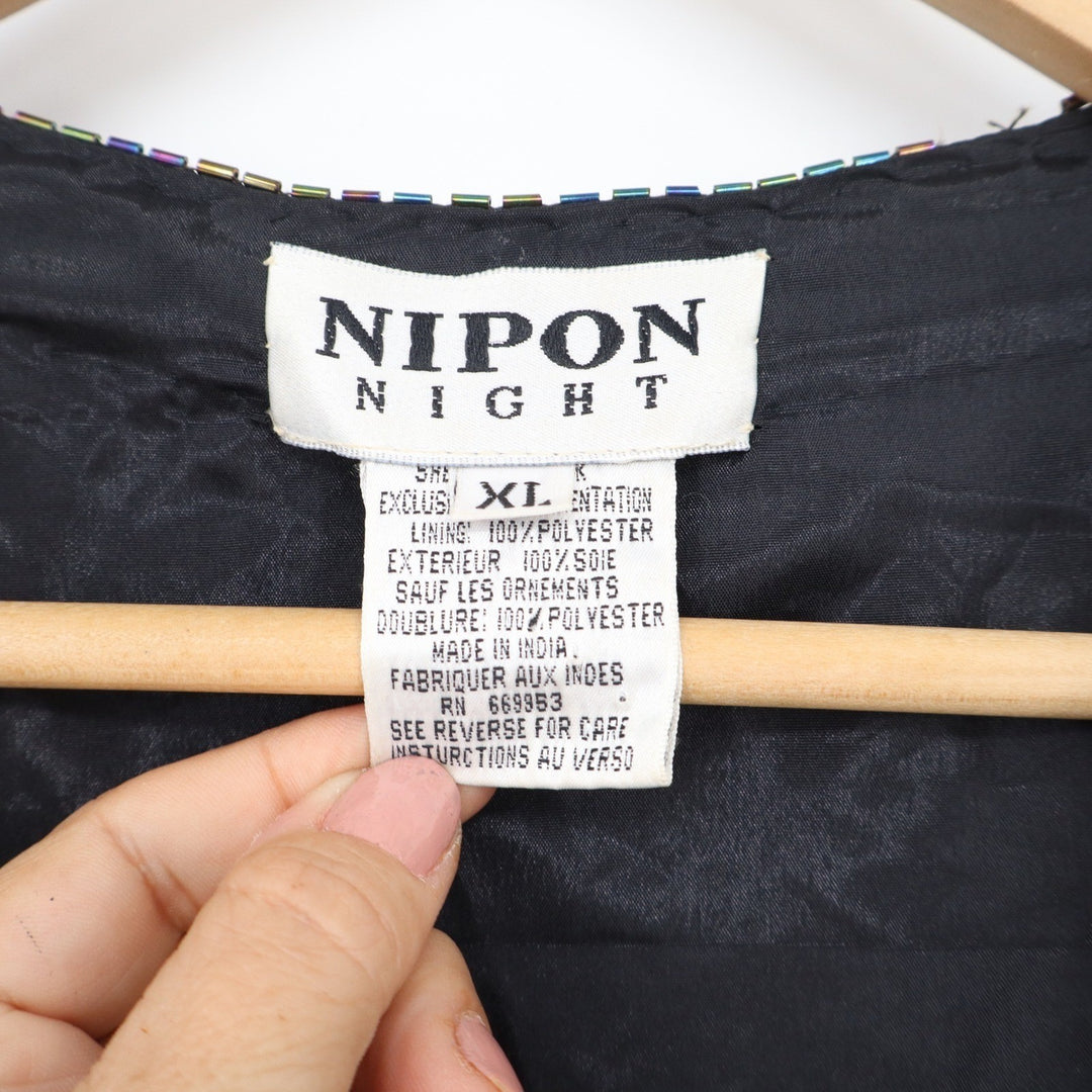 Nipon Night Silk Beaded Jacket XL Black Iridescent Sequin Paisley Open Front