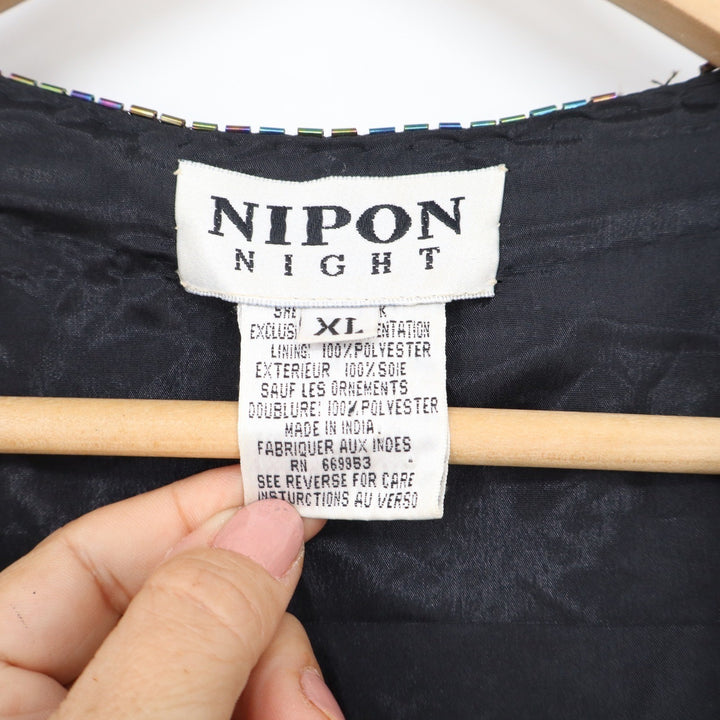 Nipon Night Silk Beaded Jacket XL Black Iridescent Sequin Paisley Open Front