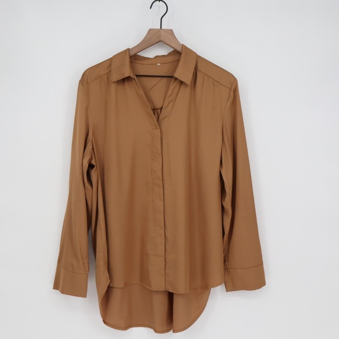 Shirt Womens Brown Pleated High Low Hem Spread Collar Long Sleeve Button Up