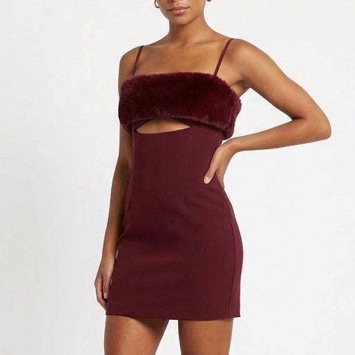Naked Wardrobe Burgundy Faux Fur Trim Cutout Mini Dress NWH19-09 MN Mens Size M