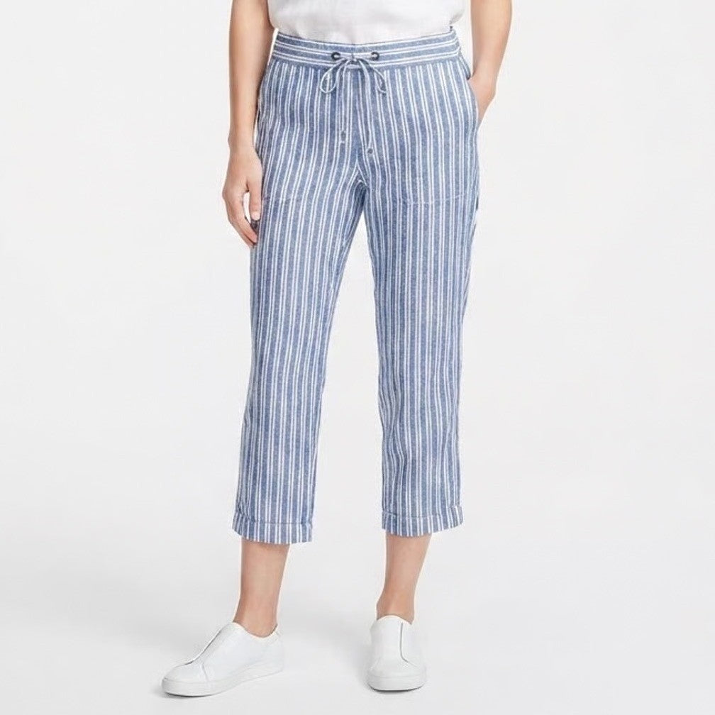 Per Se Blue White Striped Linen Blend Cropped Wide Leg Pants Womens Medium