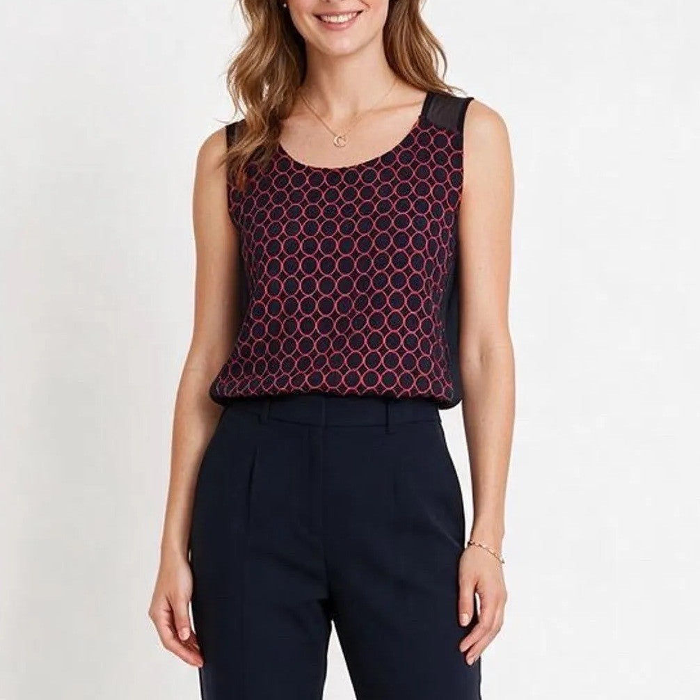 41 Hawthorn Womens 1X Navy Blue Red Geometric Circle Mesh Yoke Blouse