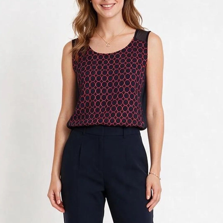 41 Hawthorn Womens 1X Navy Blue Red Geometric Circle Mesh Yoke Blouse