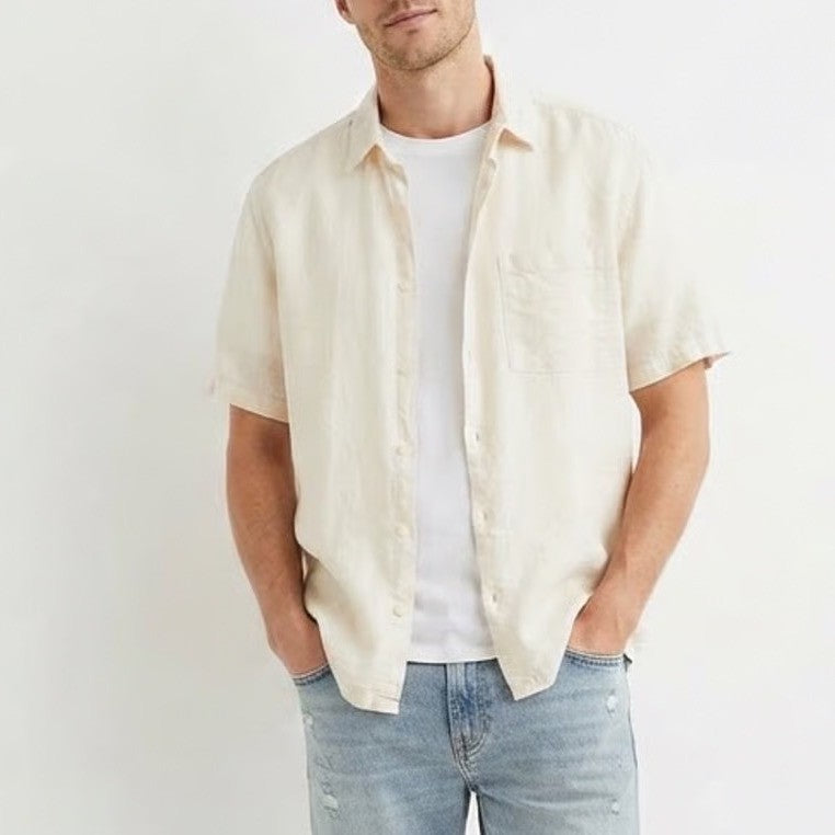 HM Mens Relaxed Fit Linen Cotton Blend Short Sleeve Button Up Shirt Cream Large