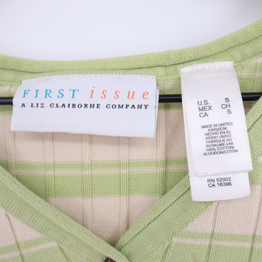 First Issue Sweater Womens Small Henley V-Neck Green Striped Ribbed Good