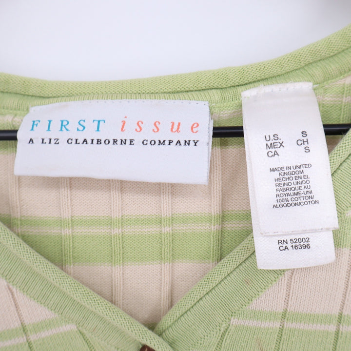 First Issue Sweater Womens Small Henley V-Neck Green Striped Ribbed Good