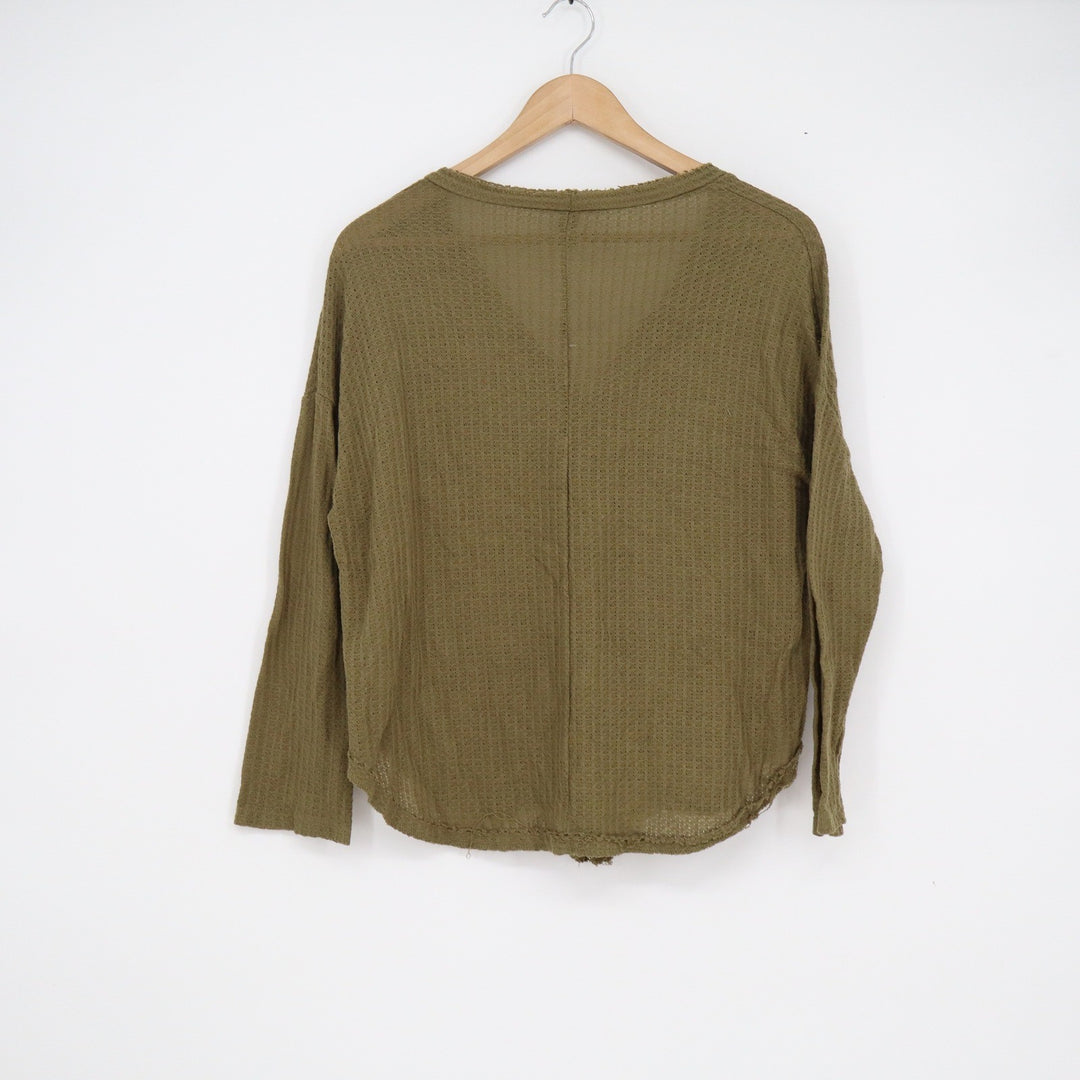Forever 21 Olive Green Waffle Knit Button Front Cardigan Frayed Hem Small