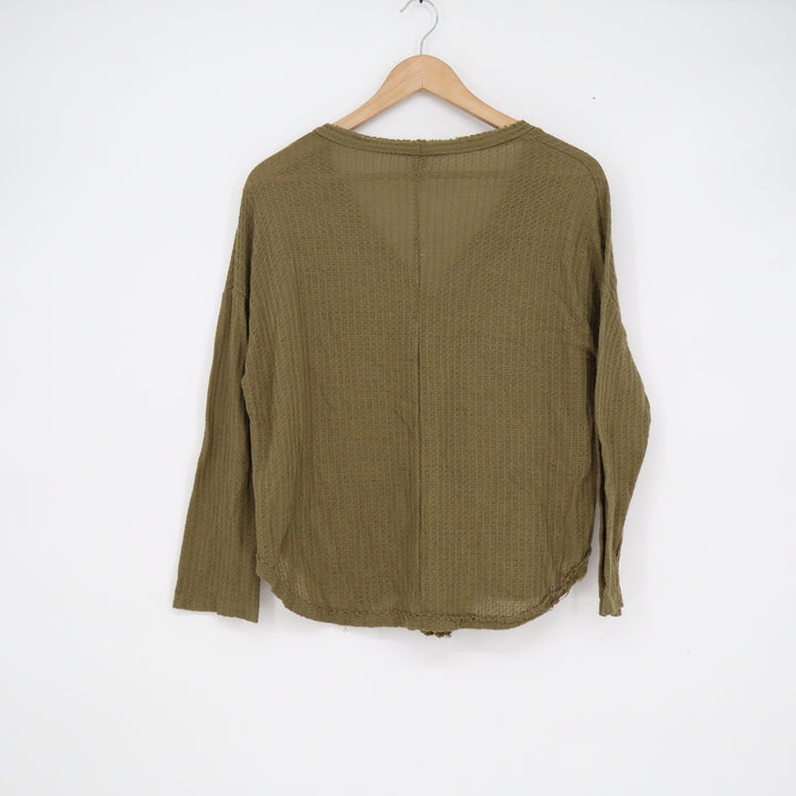Forever 21 Olive Green Waffle Knit Button Front Cardigan Frayed Hem Small
