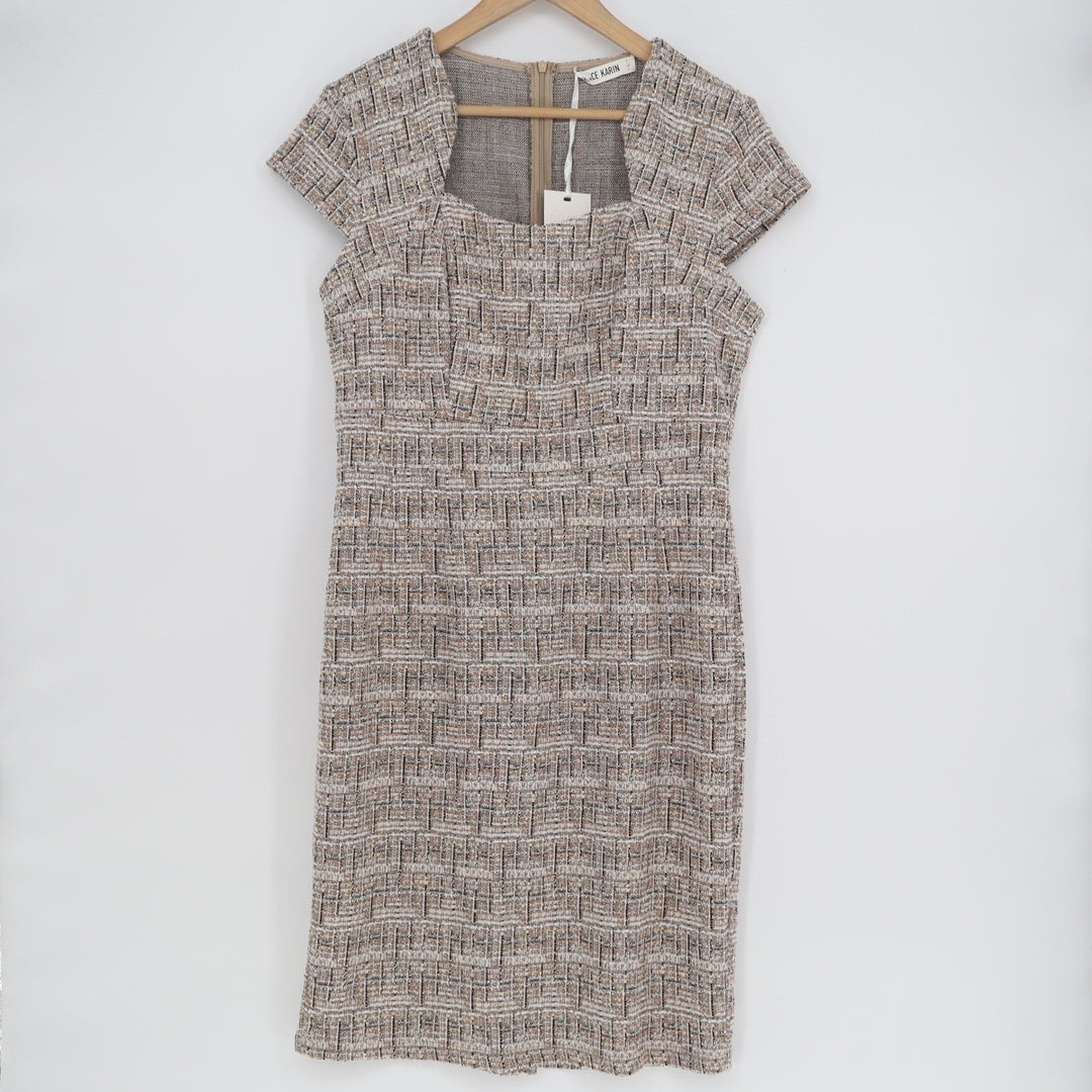 Grace Karin Tan Tweed Sheath Dress Square Neck Cap Sleeve NWT Large