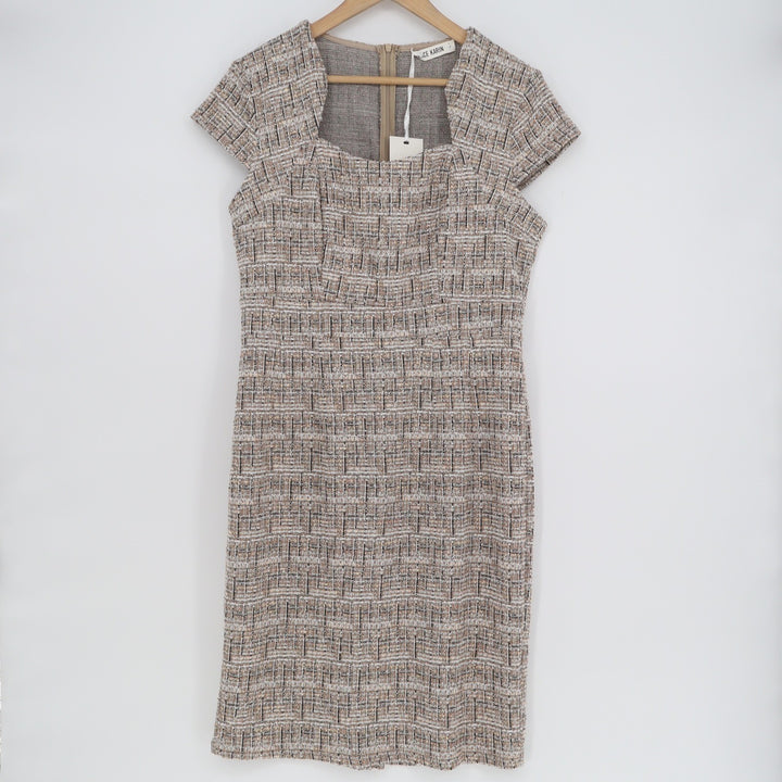 Grace Karin Tan Tweed Sheath Dress Square Neck Cap Sleeve NWT Large