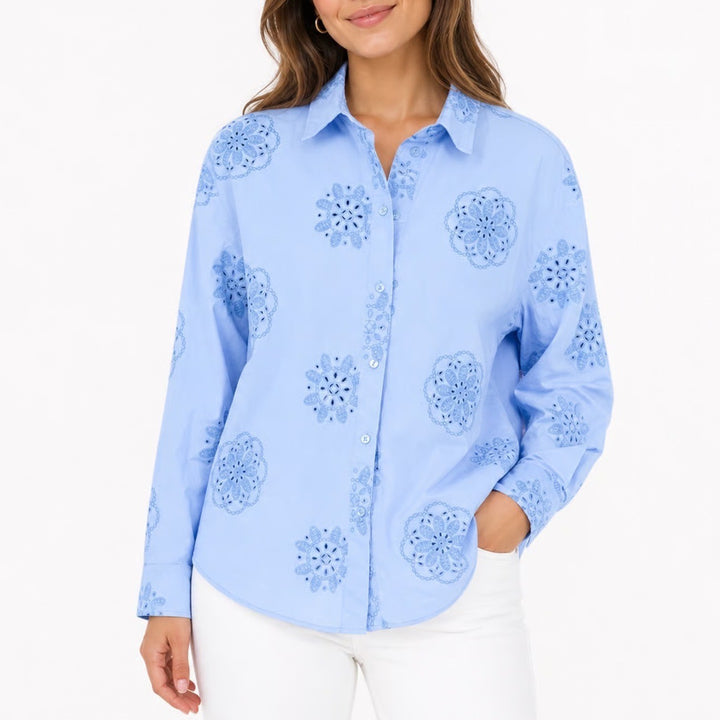 Zara Button-down Womens XS Eyelet Floral Blue Embroidered Cotton Excellent