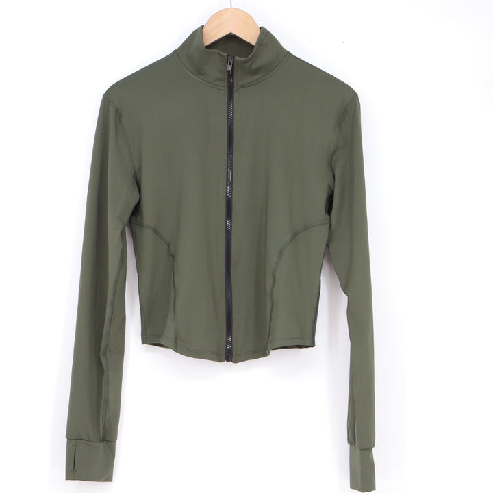 Fashion Olive Green Cropped Full Zip Athletic Jacket Mock Neck Thumbholes L