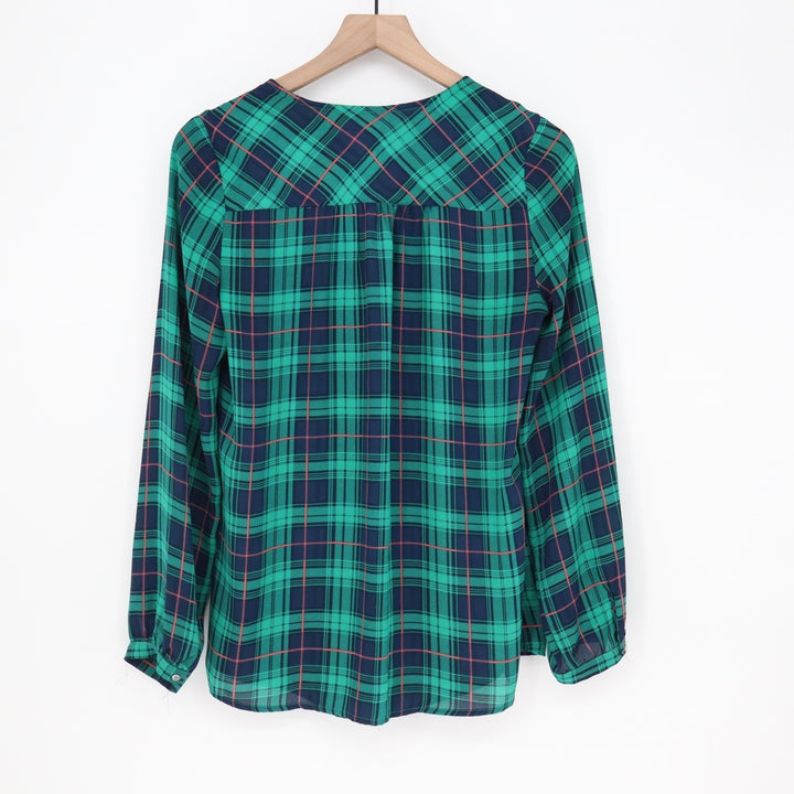 Skies Are Blue Top Women's S Green Plaid Long Sleeve V-Neck Blouse Excellent