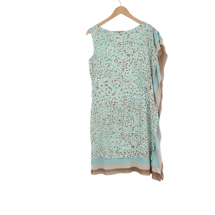 Vince Camuto Turquoise Tan Animal Print Ruffle Side Shift Dress Size 8