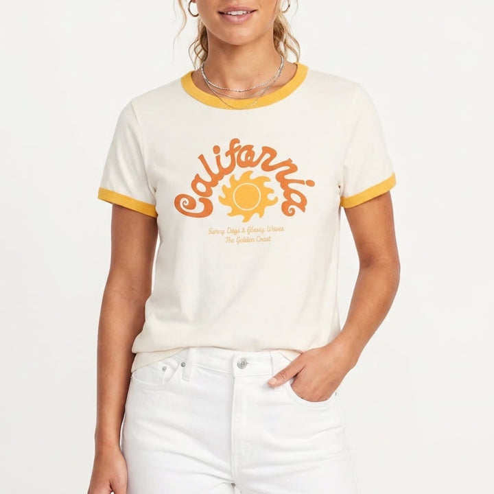 Old Navy California Sun Ringer Tee Cream Yellow Graphic T-Shirt Large