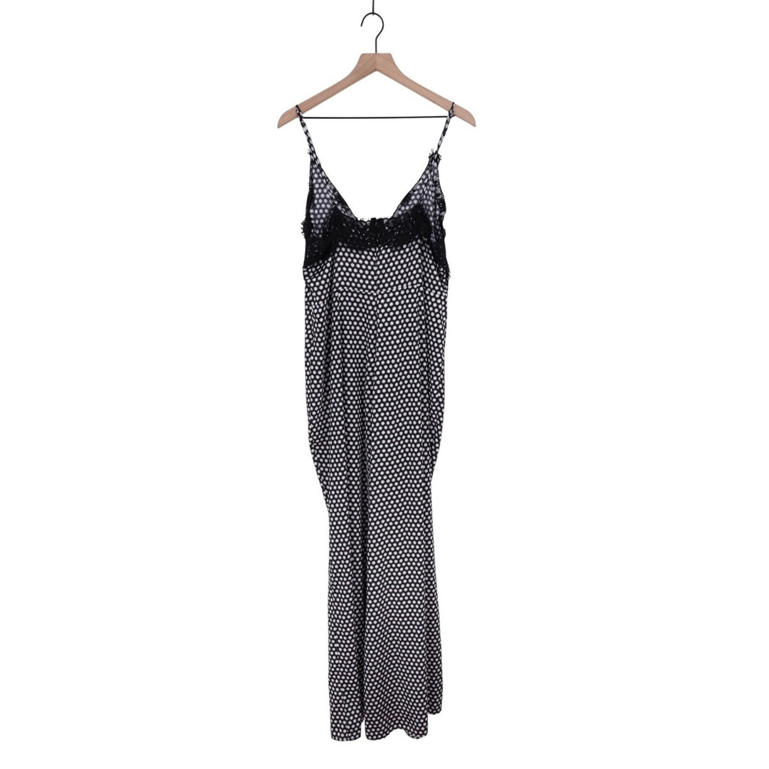 MARGOT JOSEPH Black White Polka Dot Lace Trim Jumpsuit Wide Leg L