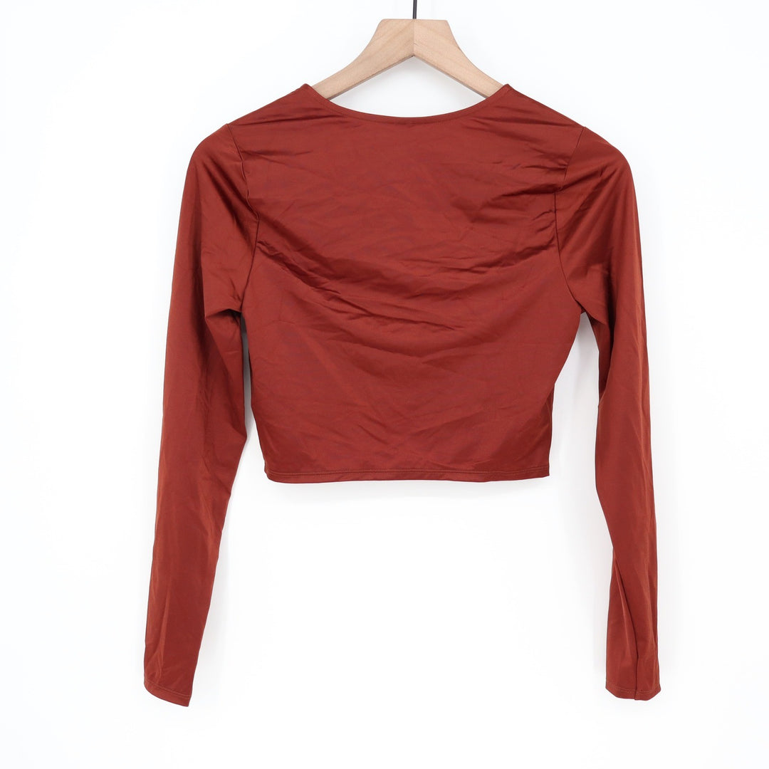 CALIA Womens Long Sleeve Ruched Rashguard Red Brown Shine UPF 50+ Small New