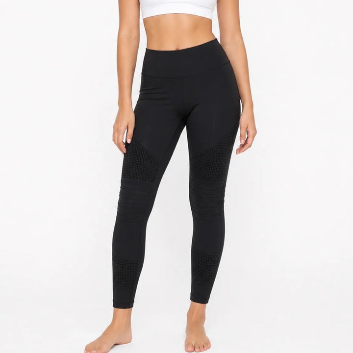 ZYIA Active Leggings Womens 6-8 Moto Ribbed Laser Cut Black Athleisure Good