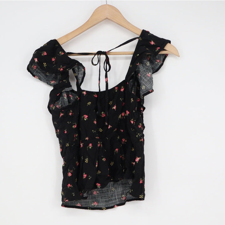 Papermoon Black Floral Ruffle Sleeve Button Front Tie Back Blouse Small
