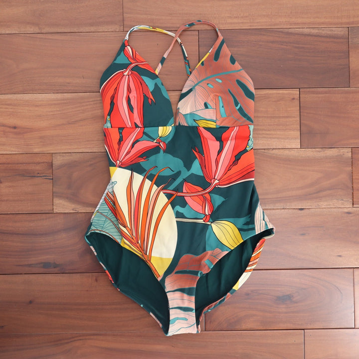 Calia Womens 8 Triangle Strappy Back One Piece Swimsuit Botanical Sea Green