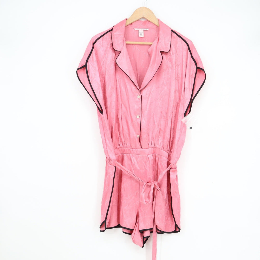 Victoria's Secret Pink Satin Logo Script Romper XL Short Sleeve Button Front
