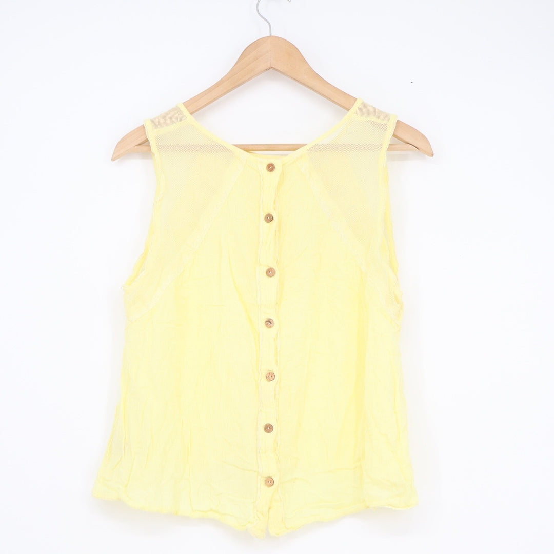 Yellow Rayon Mesh Lace Inset Button Back Sleeveless Tank Top Blouse