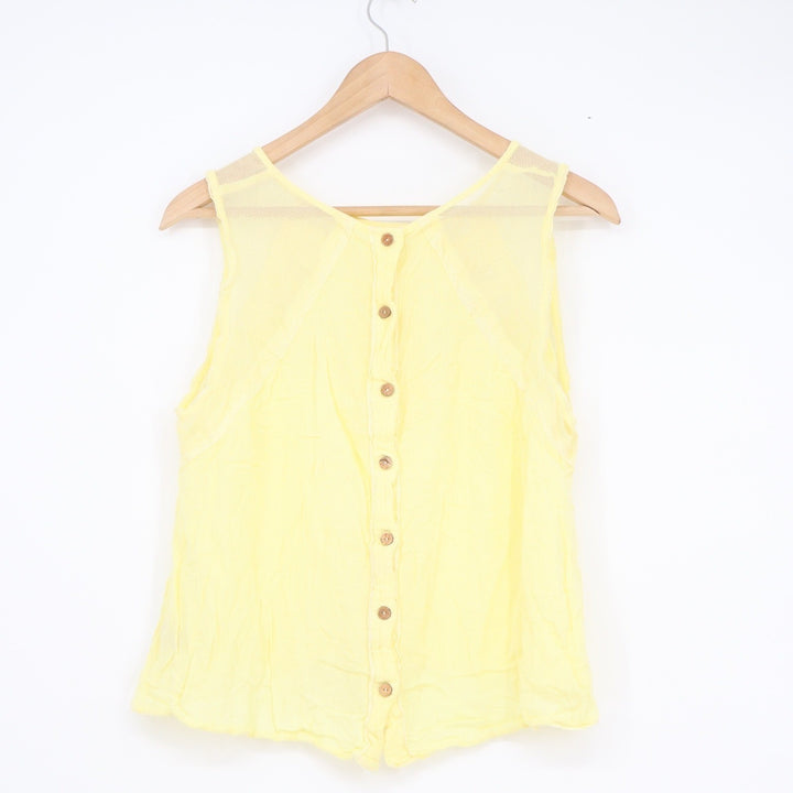 Yellow Rayon Mesh Lace Inset Button Back Sleeveless Tank Top Blouse