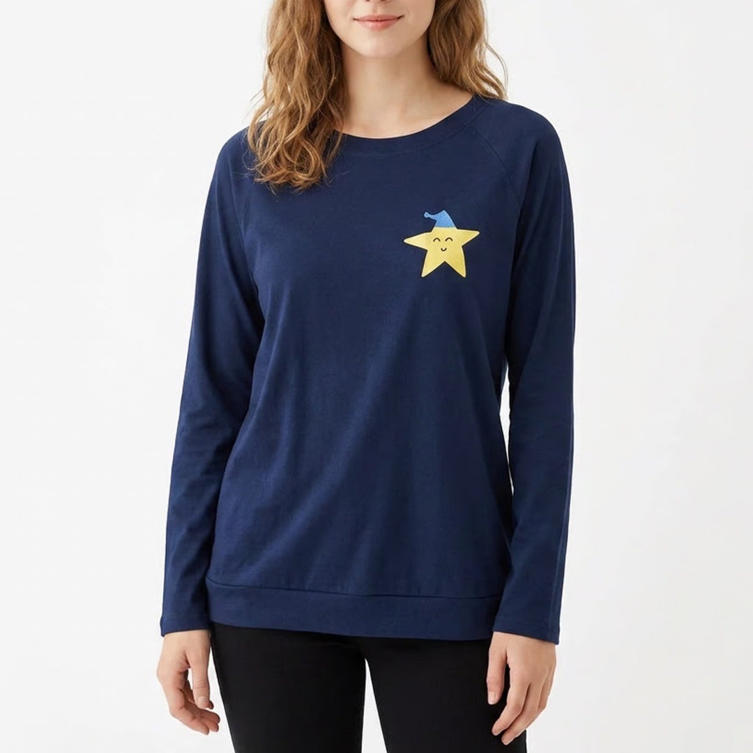 Genhoo Navy Blue Long Sleeve Star Graphic Pajama Top Small Loungewear Shirt