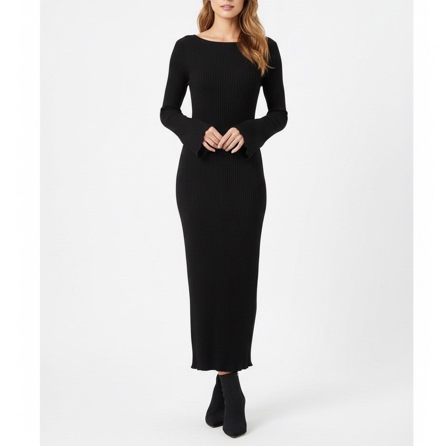 Foxiedox Long Midi Dress Womens 4 Black Knitted Long Sleeve Round Neck Party