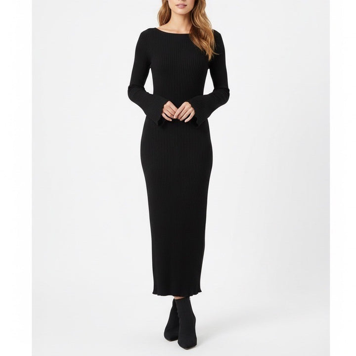 Foxiedox Long Midi Dress Womens 4 Black Knitted Long Sleeve Round Neck Party
