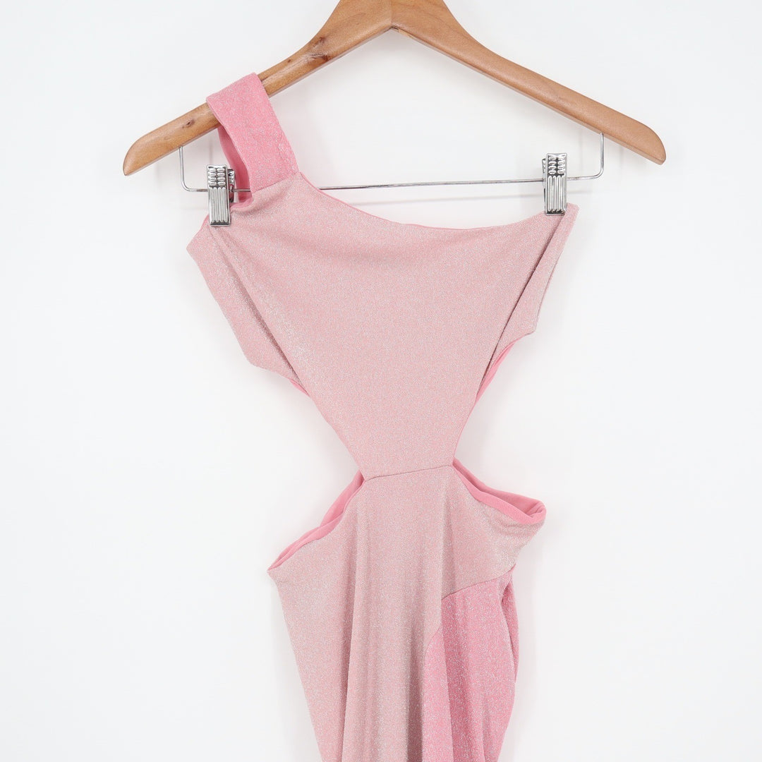 Naked Wardrobe Pink Metallic One Shoulder Cut Out Maxi Dress Small