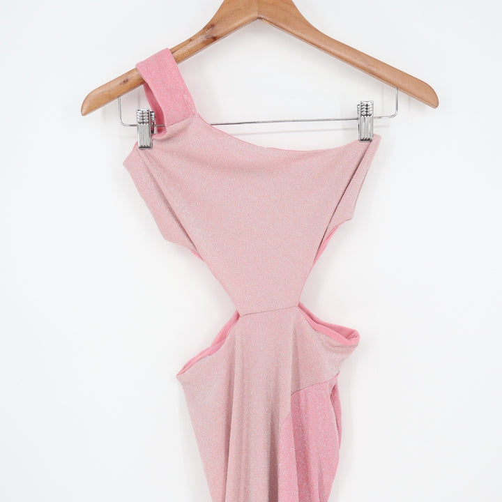 Naked Wardrobe Pink Metallic One Shoulder Cut Out Maxi Dress Small