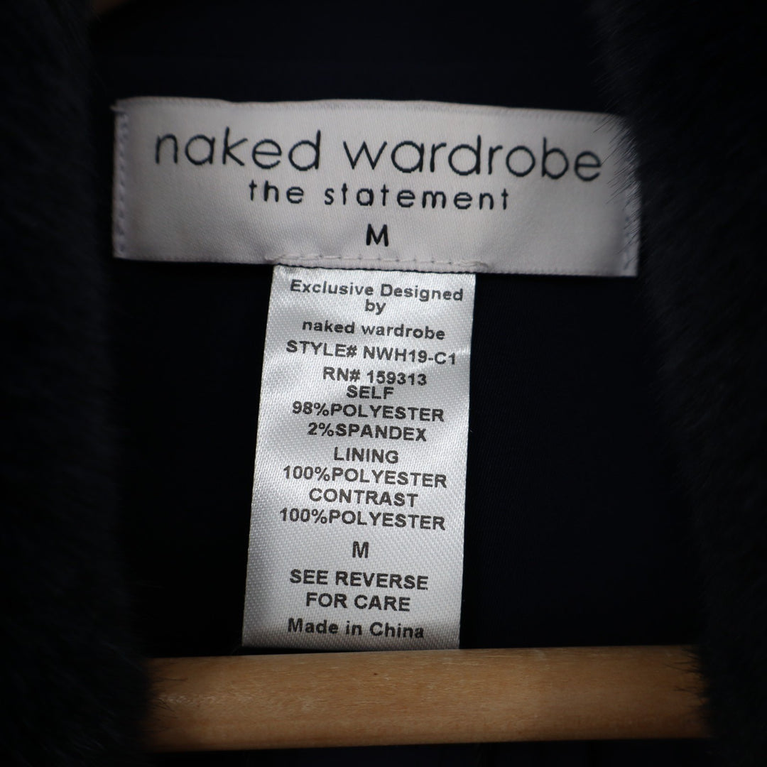 Naked Wardrobe The Statement Trench Coat Womens Medium Navy Fur Shawl Collar