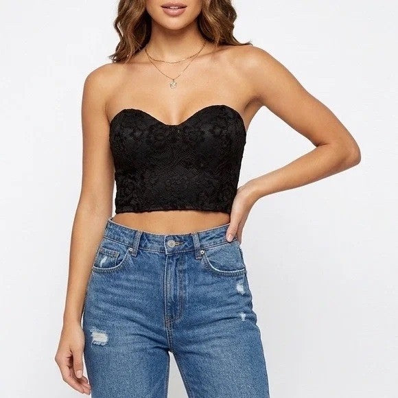 Naked Wardrobe Black Floral Lace Strapless Corset Crop Top M