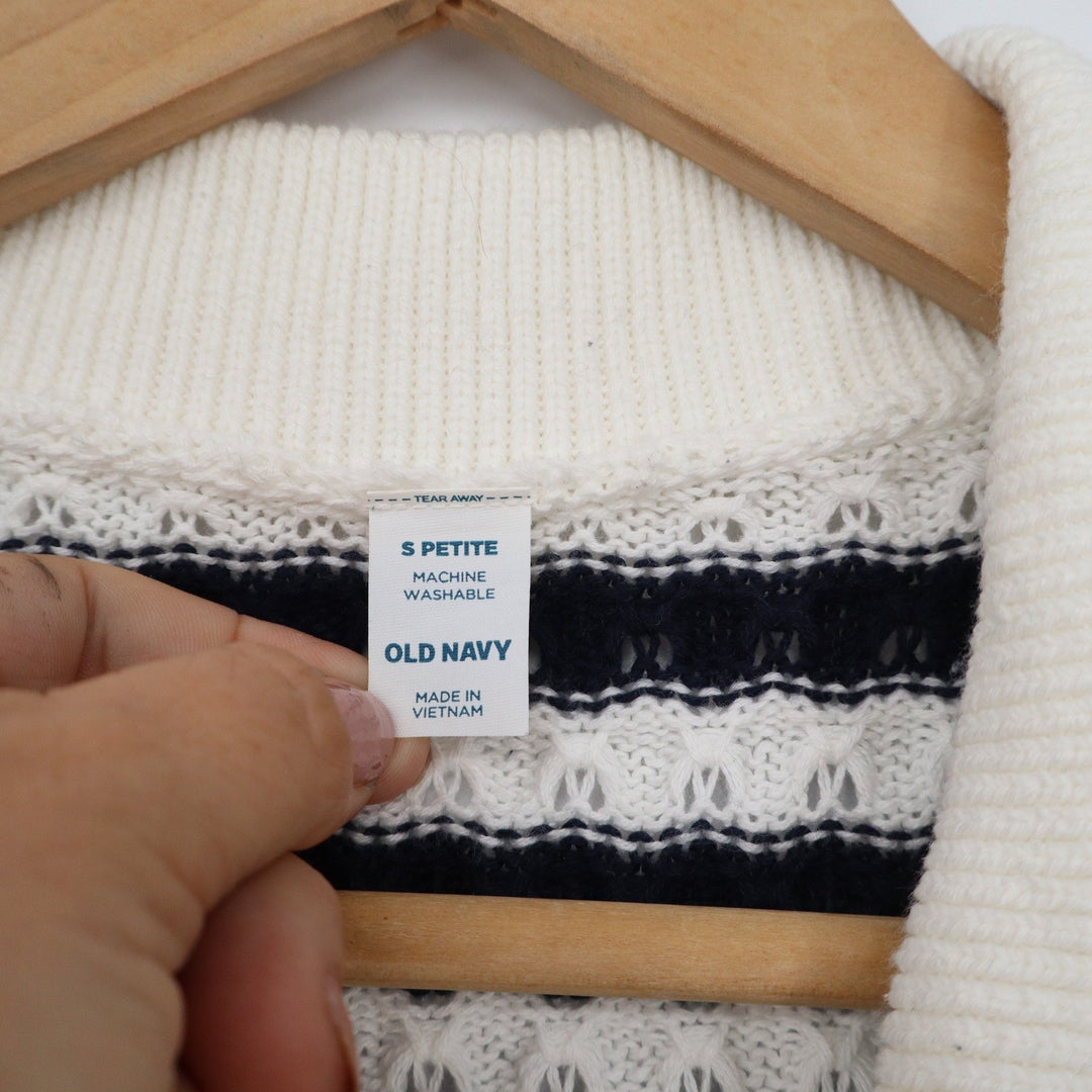 Old Navy Petite Small Navy Blue White Striped Pointelle Knit Cardigan Sweater