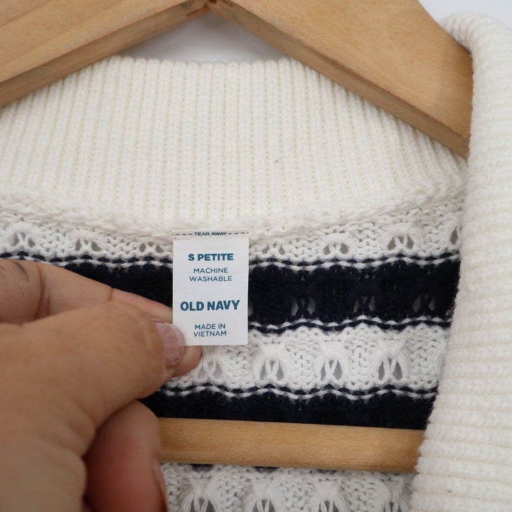 Old Navy Petite Small Navy Blue White Striped Pointelle Knit Cardigan Sweater
