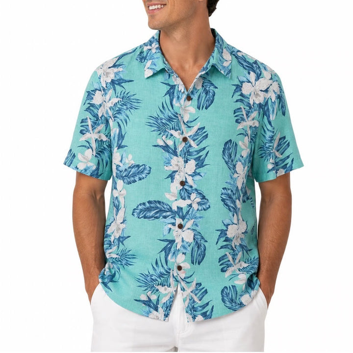 Havana Jim Mens Turquoise Blue Tropical Floral Palm Hawaiian Shirt Medium