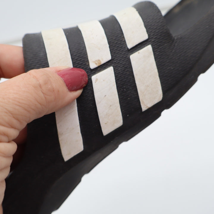 adidas Sandals Men 10 Adilette Aqua Black White Striped Slide Athletic Good